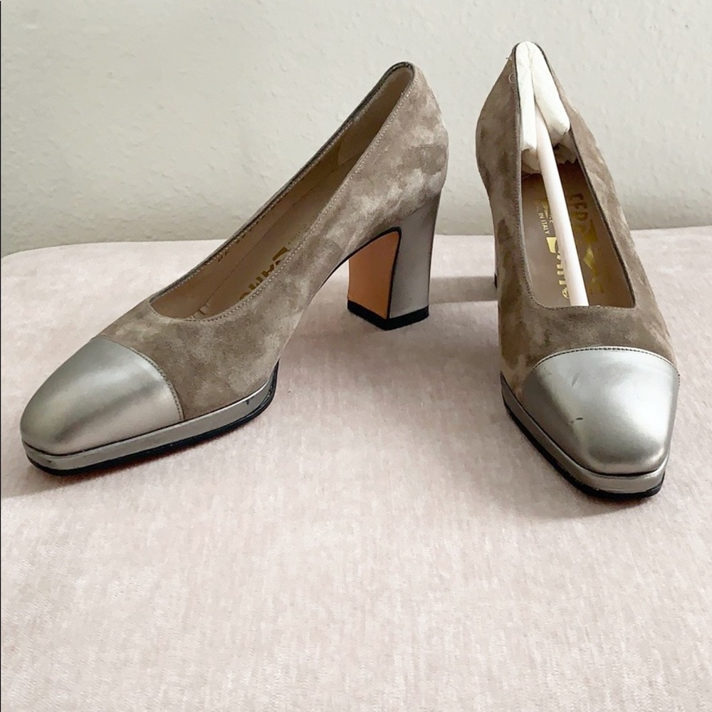 Salvatore Ferragamo Brown Suede Metallic Pumps 4.5